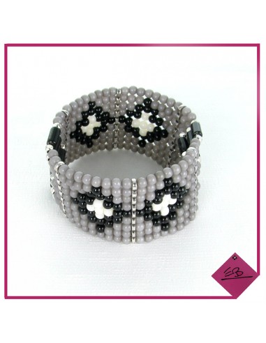 Bracelet élastiqué, version manchette, perles blanches, grises et noires
