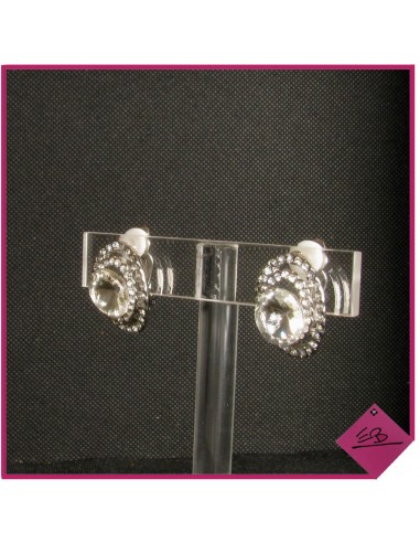 Boucles d'oreilles clips en métal argenté, ovale de strass