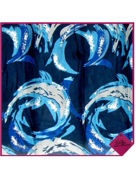 Foulard motif tourbillons et foil, divers bleus et touches argentées