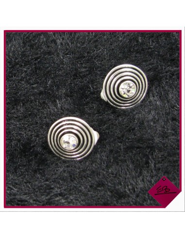 Boucles d'oreilles clips en métal argenté, gros strass cristal sur fond disques