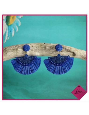 Boucles d'oreilles, forme éventail, rafia BLEU ROYAL et perles bleues