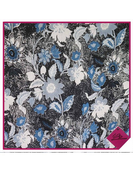 Chèche coton, bleu, noir et gris, fleurs balinaises