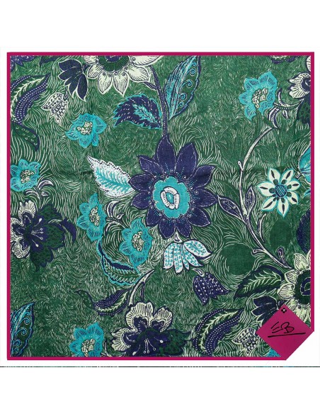 Chèche coton, VERT, motif fleurs balinaises