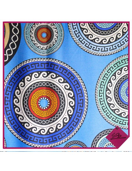 Foulard toucher soie, motif cercles vintage dominance bleue