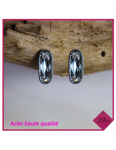 Boucle d'oreille forme barrette en acier argenté, cristal argenté, haute qualité