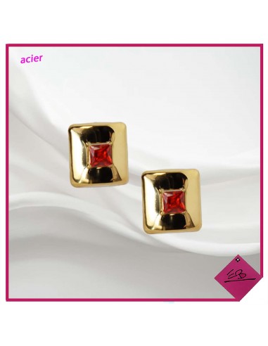 Boucles d'oreilles CLIPS en acier doré, strass cristal rouge dans carré