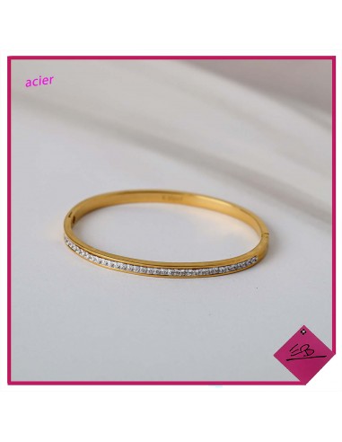 Bracelet jonc ovale, acier doré, décor strass cristal