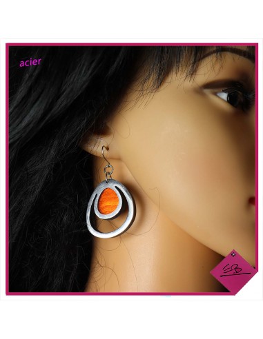 Boucles d'oreilles, métal argenté, forme goutte résine orange
