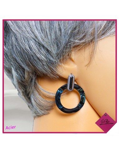Boucles d'oreilles en acier argenté, résine NOIRE