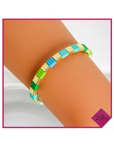 Bracelet en métal doré, perles striées dorées et turquoise vert
