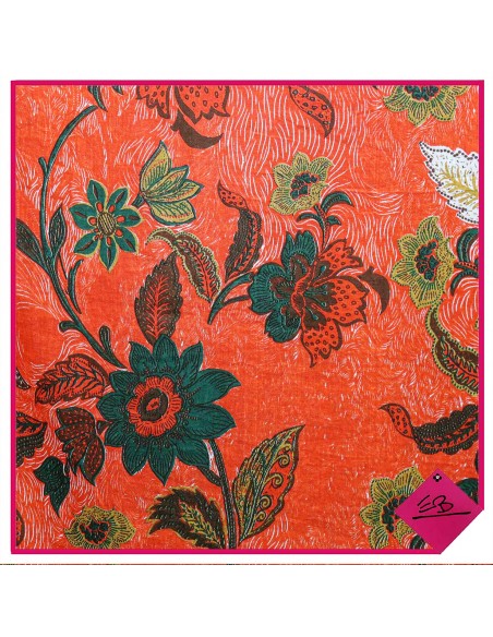 Chèche coton, ORANGE, motif fleurs balinaises