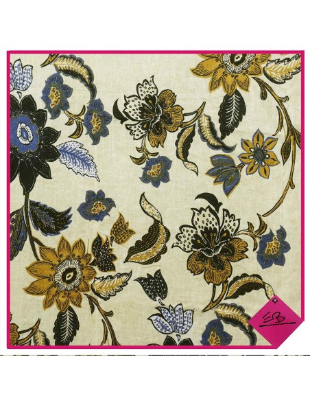Chèche coton, ECRU, motif fleurs balinaises