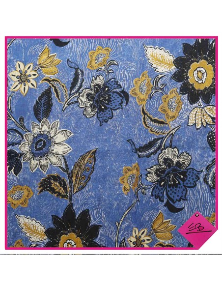 Chèche coton, BLEU, motif fleurs balinaises