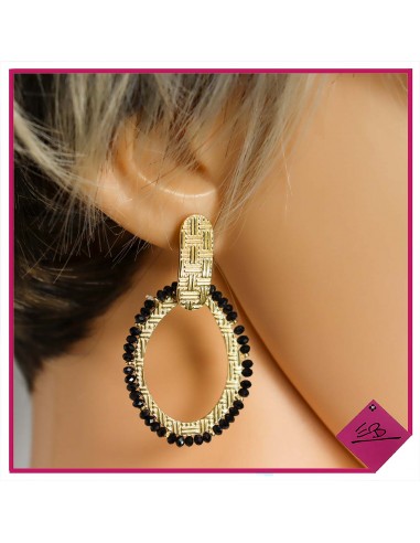 Boucles d'oreilles  en acier doré, ovales avec petites perles noires
