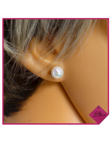 Boucle d'oreille en acier argenté, boule façon perle de culture, diamètre 8 mm