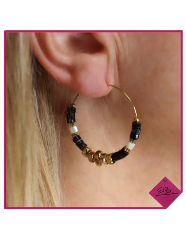 Boucles d'oreilles en acier doré, pierres naturelles NOIRES et perles dorées,