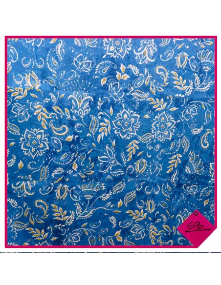 Chèche coton bleu, fleurs indiennes
