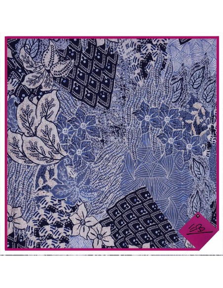 Chèche coton, turquoise et écru, motif floral