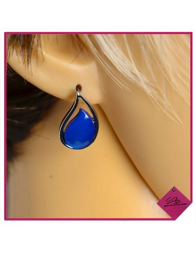 Boucles d'oreilles en forme de goutte en métal argenté et résine bleue