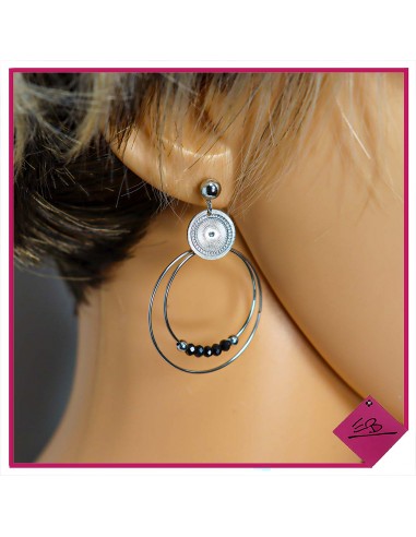 Boucles d'oreilles en acier argenté, double cercle et petites perles NOIRES