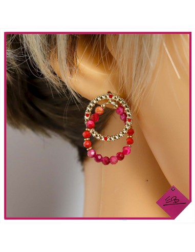 Boucles d'oreilles en acier doré, cercle de pierre naturelle rose/rouge, haute qualité