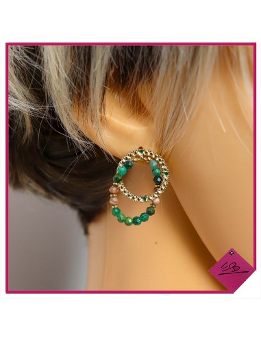 Boucles d'oreilles en acier doré, cercle de pierre naturelle verte, haute qualité