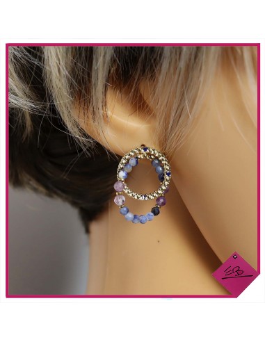 Boucles d'oreilles en acier doré, cercle de pierre naturelle gris/bleu, haute qualité