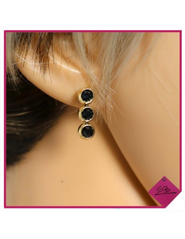 Boucles d'oreilles en acier doré, barrette de 3 strass noir, haute qualité