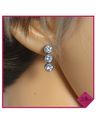 Boucles d'oreilles en acier argenté, barrette de 3 strass cristal, haute qualité