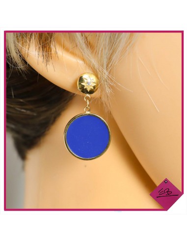 Boucles d'oreilles en acier doré, cercle résine bleu royal, haute qualité