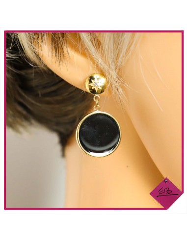 Boucles d'oreilles en acier doré, cercle résine noire haute qualité