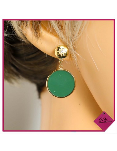 Boucles d'oreilles en acier doré, cercle résine bleu verte, haute qualité