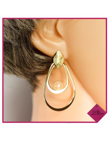 Boucles d'oreilles en acier doré, pierre naturelle BEIGE ROSE dans ovale