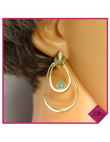 Boucles d'oreilles en acier doré, pierre naturelle VERT AMANDE dans ovale