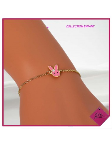 Bracelet en acier doré, collection ENFANT, décor lapin ROSE