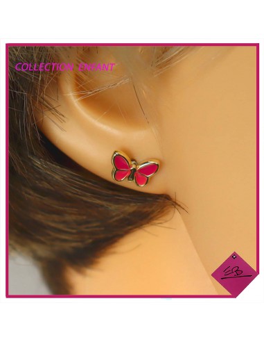 Boucles d'oreilles en acier doré, collection ENFANT, papillon ROSE FUSCHIA