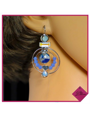 Boucles d'oreilles en métal doré, strass et perles bleu, cercle effet marbre bleu