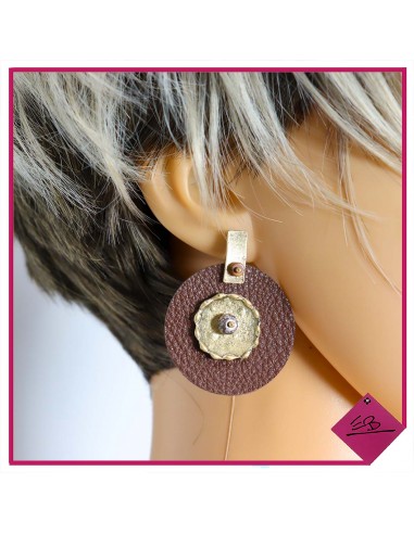 Boucle d'oreille en métal doré et cercles imitation cuir fermeture à poussette