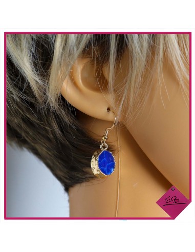 Boucles d'oreilles à crochets en métal doré, résine effet pierre, bleu