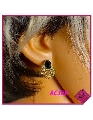 Boucles d'oreilles en acier doré et pierre naturelle noire