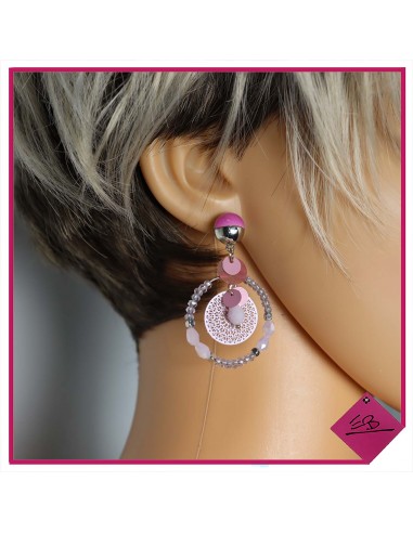 Boucles d'oreilles à pampilles lilas, cercle de petites perles lilas,