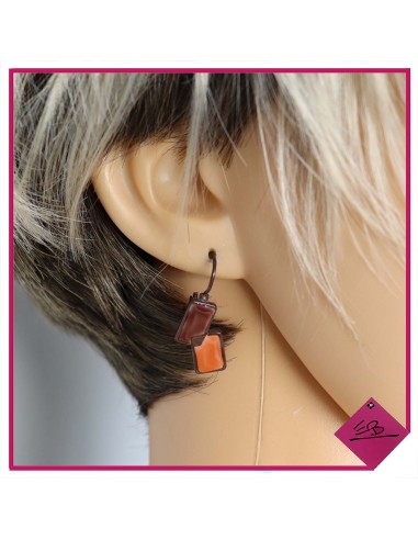 Boucles d'oreilles, métal brun, émaux abricot et marron