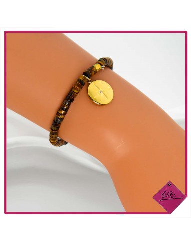 Bracelet élastiqué en pierres naturelles marron et pampille en métal doré