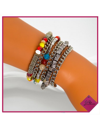 Bracelet multi rang en métal argenté et perles multicolores