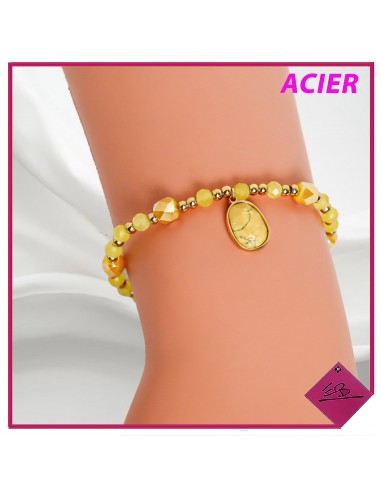 Bracelet élastiqué en pierres naturelles et de verre intercalées de billes acier doré, jaunes