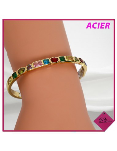 Bracelet demi jonc en acier doré, décor strass multicolores