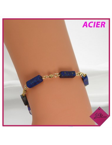 Bracelet en acier doré, pierres naturelles bleues
