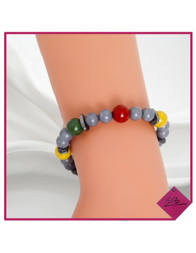 Bracelet élastiqué bohème, diverses perles à dominance grise, jaune, vert, rouille