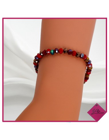 Bracelet élastiqué bohème, perles à facettes rouges et marron