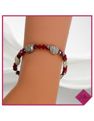 Bracelet élastiqué bohème, perles à facette rouge, ovale en métal argenté